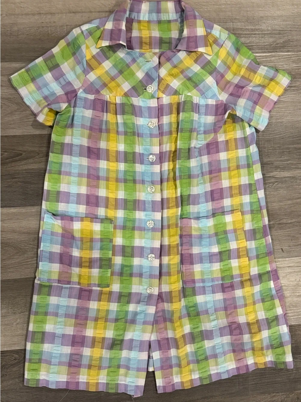 Pastel Plaid Short-Sleeve Button Down Sleep Robe - Multicolor
